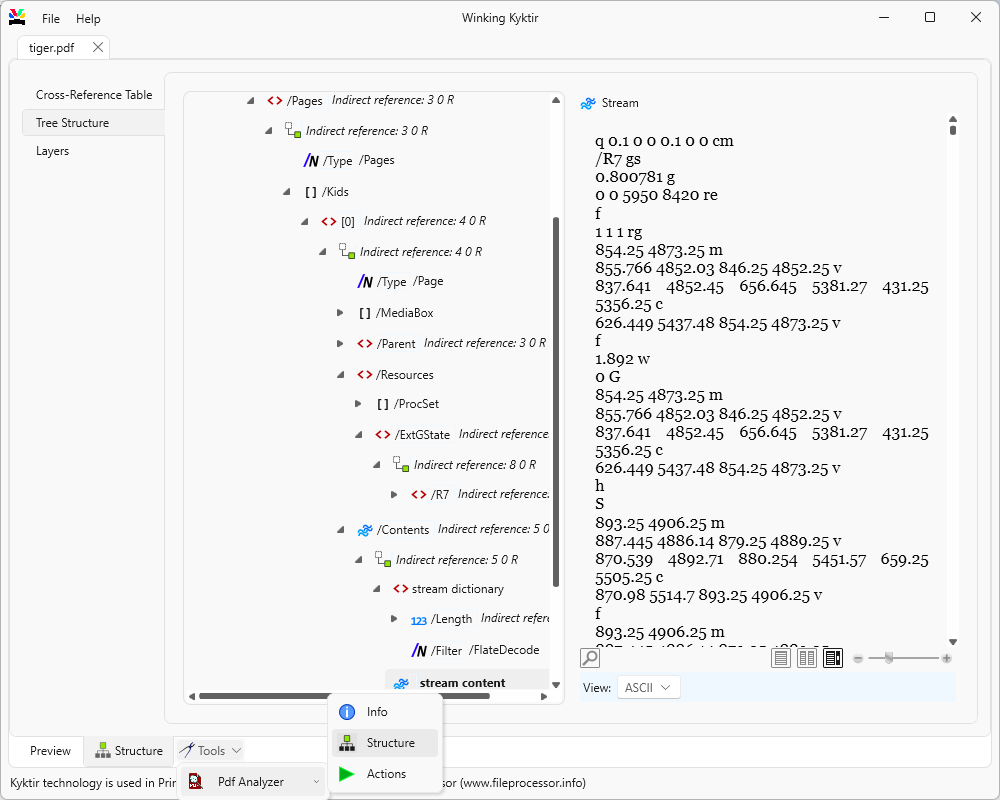 Screenshot PDF Analyzer internal structure view